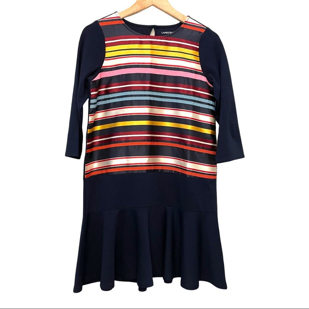 Lands End Big Girls Striped Navy Blue Dress 14